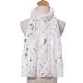 Detail of white Christmas scarf with silver snowflake and reindeer metallic foil prints - Silver Foiled White
