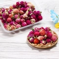 Pink and purple dried globe amaranth flowers in a gold dish and clear plastic box for DIY - Globe Amaranth 1 Box 48g