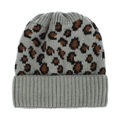 Close-up of leopard pattern knit beanie showing grey ribbed cuff and warm texture - Light Gray