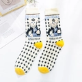 Damen-Baumwollsocken mit Katzen-Illustration und schwarz-weißem Rautenmuster - Einheitsgröße / Cremefarben Tier (Kronenkatze)