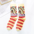 Women's cotton crew socks featuring yellow and red argyle patterns and vintage portraits - One Size / Witch (Red Yellow Argyle Portrait)