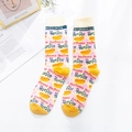Rosa und gelbe Argyle-Baumwollsocken mit Hot-Dog-Prints im trendigen Look für Damen - Einheitsgröße / Rosa Hot Dog