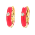 Detail of red enamel U-shaped hoop earrings with gold plating and sparkling zircon stone - Red