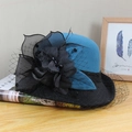 Detail of wool cloche hat with black flower, mesh veil and beads on a wooden desk - Adjustable / Mesh Patchwork Bicolor Flower / Lake Blue