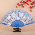 Blue lace folding fan with rose patterns, gold sequins and vintage carved plastic ribs - Fan / Sapphire Blue