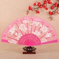 Pink lace folding fan with white floral patterns and decorative plastic frame - Fan / Rose Red