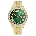 Macro detail of luxury gold watch featuring green dial with Roman numerals and diamonds - Gold / Green
