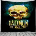 Halloween tapestry with golden disco skull and All Night Party text for wall decor - WSJ-1 (Golden Skull)