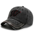 Gorra de béisbol vintage gris oscuro con bordado W y visera de cuero sintético - Ajustable / Negro