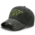 Vintage Baseballkappe aus grauem Baumwollstoff mit grünem W-Stick und Leder-Schirm - Verstellbar / Armeegrün
