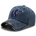 Vintage-Baseballkappe aus blauem Denim mit braunem Lederschirm und 3D-W-Stickerei - Verstellbar / Marineblau