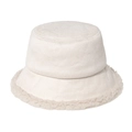 Close-up of fluffy faux lamb fur trim on a cream winter bucket hat for women - 58cm / White