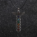Silver caduceus wings necklace with seven colorful chakra stones on black cord - Caduceus - Wax Cord