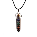 Seven chakra energy stone pendant necklace with tiger eye hexagonal crystal on black wax cord - Tiger Eye Pillar - Stainless Steel Chain
