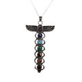 Silver caduceus pendant necklace with seven colorful stones on a delicate chain - Caduceus - Stainless Steel Chain