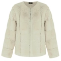 Detailed texture of off-white faux fur jacket with round neck and striped plush pattern - S / Off White