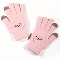 Detail of pink knitted winter gloves featuring cute bear embroidery and touchscreen tips - Pink Smiley Face