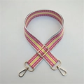 Close-up of pink and yellow striped adjustable shoulder strap with gold swivel hooks - Gold Buckle / Pink