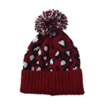 Detail of red leopard print knit beanie featuring a fluffy tricolor faux fur pompom top - One Size / Burgundy