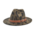 Close-up of olive green wool fedora hat featuring leopard pattern and brown leather buckle strap - M (56-58cm) / Army Green