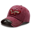 Vintage burgundy washed denim baseball cap with eagle embroidery and leather brim details - Red