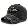 Vintage washed dark grey denim baseball cap with eagle embroidery and leather brim - Black