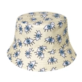 Detailed view of yellow bucket hat featuring embroidered evil eye patterns and stitched brim - 58cm / Beige