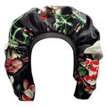 Extra large satin sleep bonnet featuring vibrant red floral print on a black base - Printing
