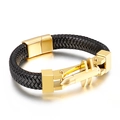 Men's black braided leather bracelet with golden bullet magnetic clasp in 45-degree view - 19cm Gold (KB134627-KFC)