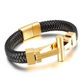 Herren Armband aus schwarzem Leder mit goldenem Edelstahl-Magnetverschluss und Kreuz - Schwarzes Geflochtenes Seil Mit Goldenem Metallverschluss (KB134667-KFC)
