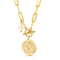 Collana in acciaio inossidabile dorato con perla e ciondolo San Benedetto - Collana Oro (KN113611-Z)