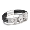 Men's black braided leather wolf head bracelet with silver magnetic buckle - Steel