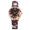 Women's quartz watch with rose gold flower dial and pink cherry blossom leather strap - Coffee