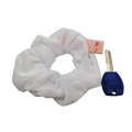White velvet zipper scrunchie with hidden pocket showing a stored key and cash - White