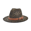 Detailed view of animal print fedora hat with brown leather strap and metal buckle - M (56-58cm) / Army Green