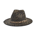 Close-up of zebra print fedora hat featuring leopard pattern band and gold metal buckle - M (56-58cm) / Army Green