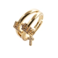 Gouden dubbellaagse open ring met kruishanger en fonkelende zirkonia-accenten - Verstelbaar Open / Kruis Stijl / Kruis