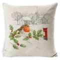 Linen Christmas pillow cover featuring watercolor robin and snowy village scene - BZ0888-33 (Robin and Holly Snow Scene)