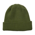 Detail view of olive green knit beanie showing thick vertical ribbed pattern and texture - Green