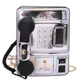 Y2K vintage telephone crossbody bag in holographic silver leather with metallic chain - Silver