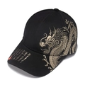 Black cotton baseball cap with golden dragon embroidery and Chinese calligraphy details - 56-60cm Adjustable / Black