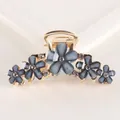Elegant Korean style gold hair claw clip with grey-blue gradient flowers and crystals - Dark Blue