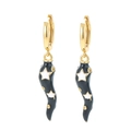 Minimalist gold hoop earrings with black chili drop charms and star pattern details - Black