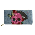 Denim long zipper wallet featuring skull butterfly roses and ace cards print - Pink Poker Skull CC1946Z21