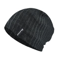 Close-up of dark grey knitted beanie showing ribbed texture and black fabric label detail - One Size / Black