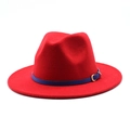 Detail of red wool fedora hat with blue decorative leather strap and golden metal buckle - M (56-58cm) / Red