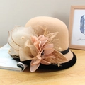 Detail of wool cloche hat with camel felt finish and elegant floral mesh decoration - Solid Color Mesh Flower Style / Camel