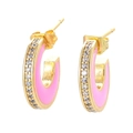 Pink enamel C-shaped gold hoop earrings with sparkling white stones and micro-inlay finish - Pink
