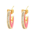 Golden C-shaped hoop earrings with pink enamel inlay and sparkling rhinestone pave - Red