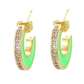 Chunky gold C-shaped hoop earrings with vibrant green enamel and sparkling white zircons - Light Green